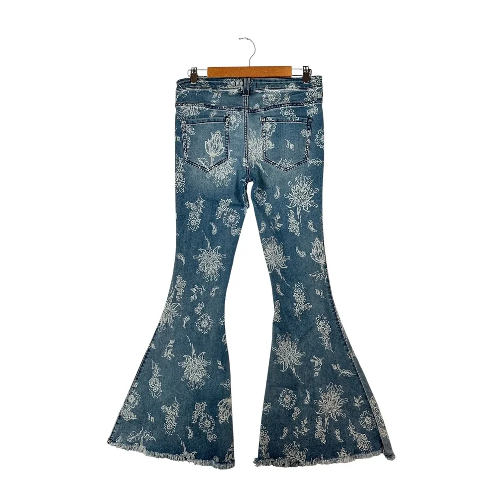 Free People Just Float On Printed Flare Jeans Floral Paisley Blue 29 Raw Hem